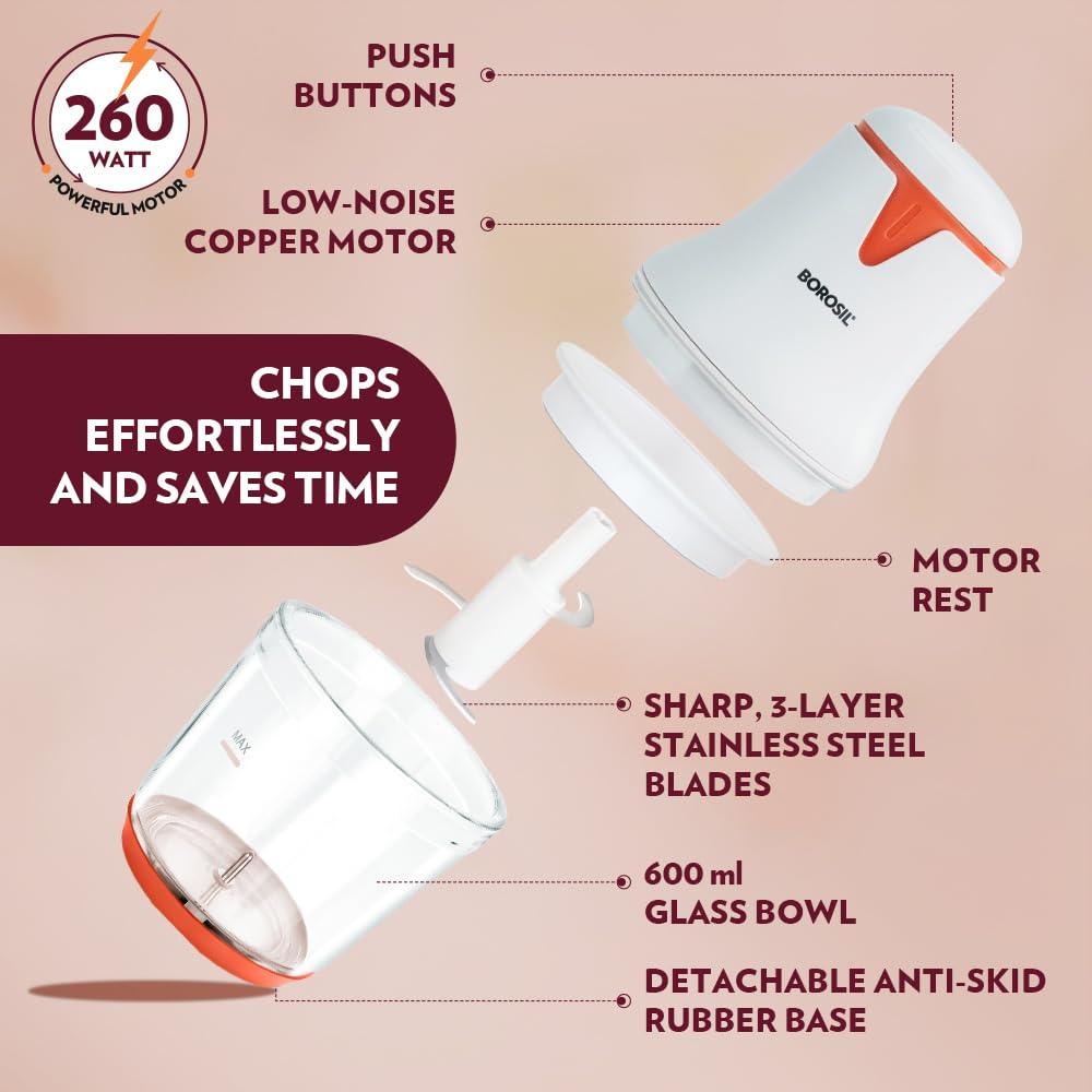 Borosil Chef Delite 260 Watts Electric Chopper for Kitchen | 600 ml 'chop-n-store' Plastic Bowl - Itsmygadgets