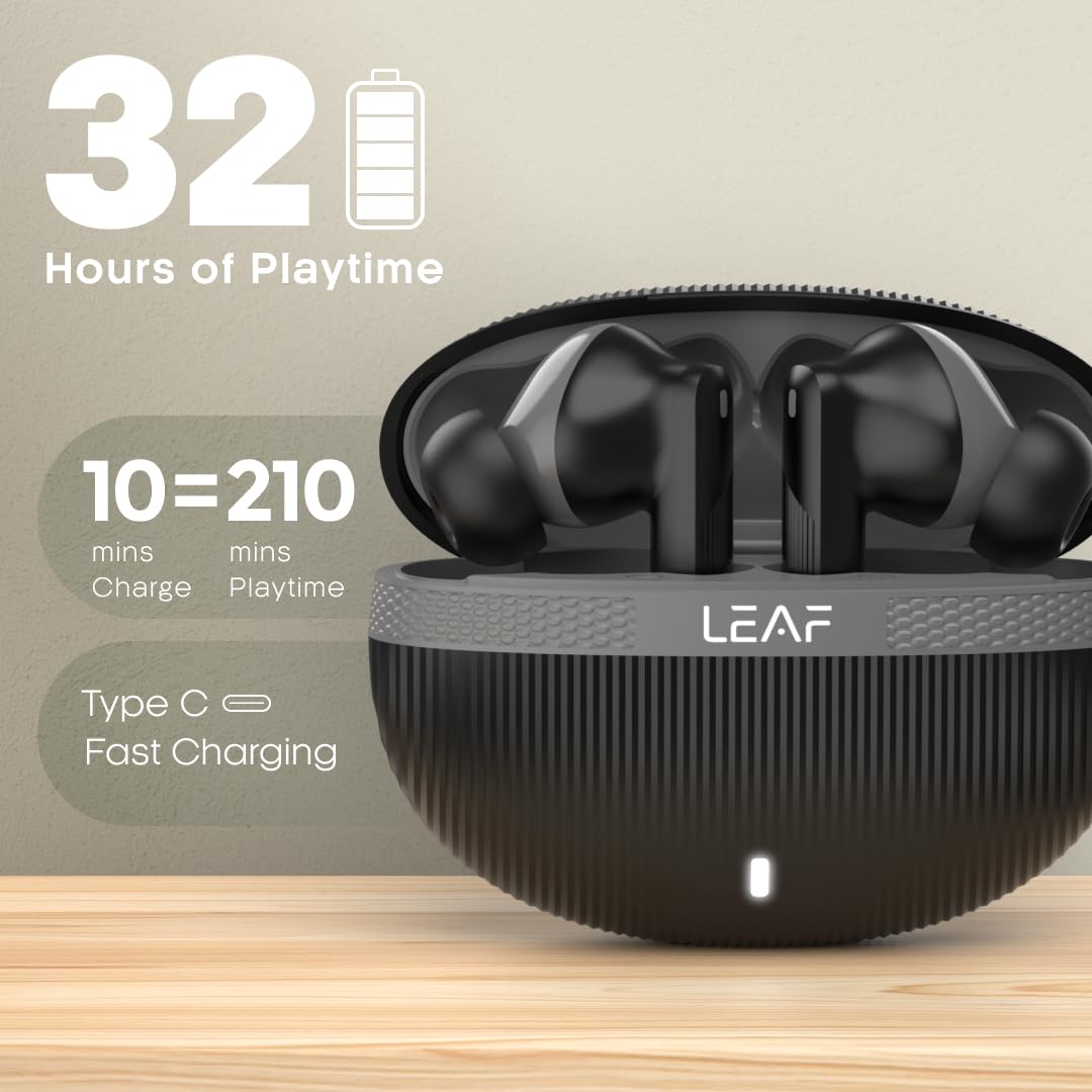 Leaf Buds X342 True Wireless in Ear Earbuds with Ai Sound App, 32H Playtime, Quad Mic with Enc, 50Ms Low Latency, Fast Charging (10Min=210Min), 10Mm Driver, Ipx5, Bluetooth V5.4 TWS (Carbon Black) - Itsmygadgets