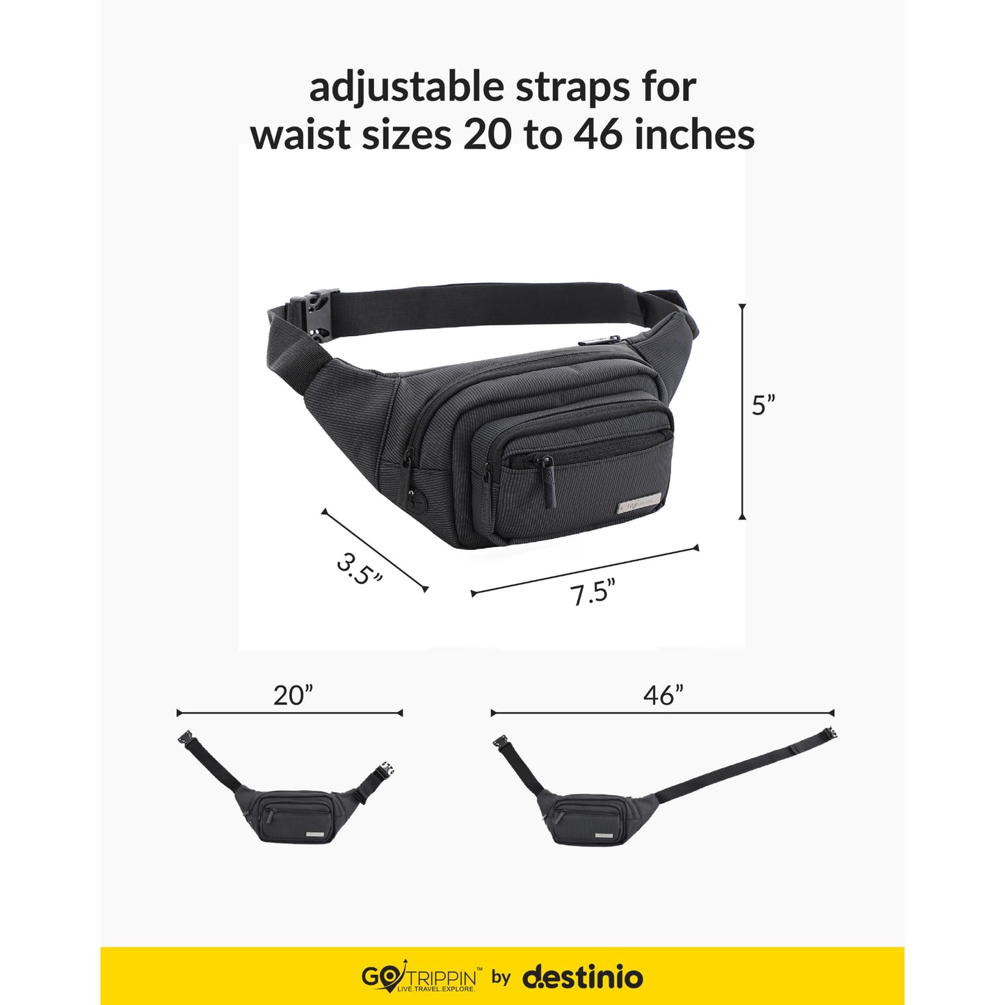 GoTrippin by Destinio Waist Bags for Men Women- Premium Stitching, Branded Zippers, Waterproof Pocket, RFID Safe- Large Fanny Pack for Hiking Travel, Money Belt (Polyester, Black) - Itsmygadgets