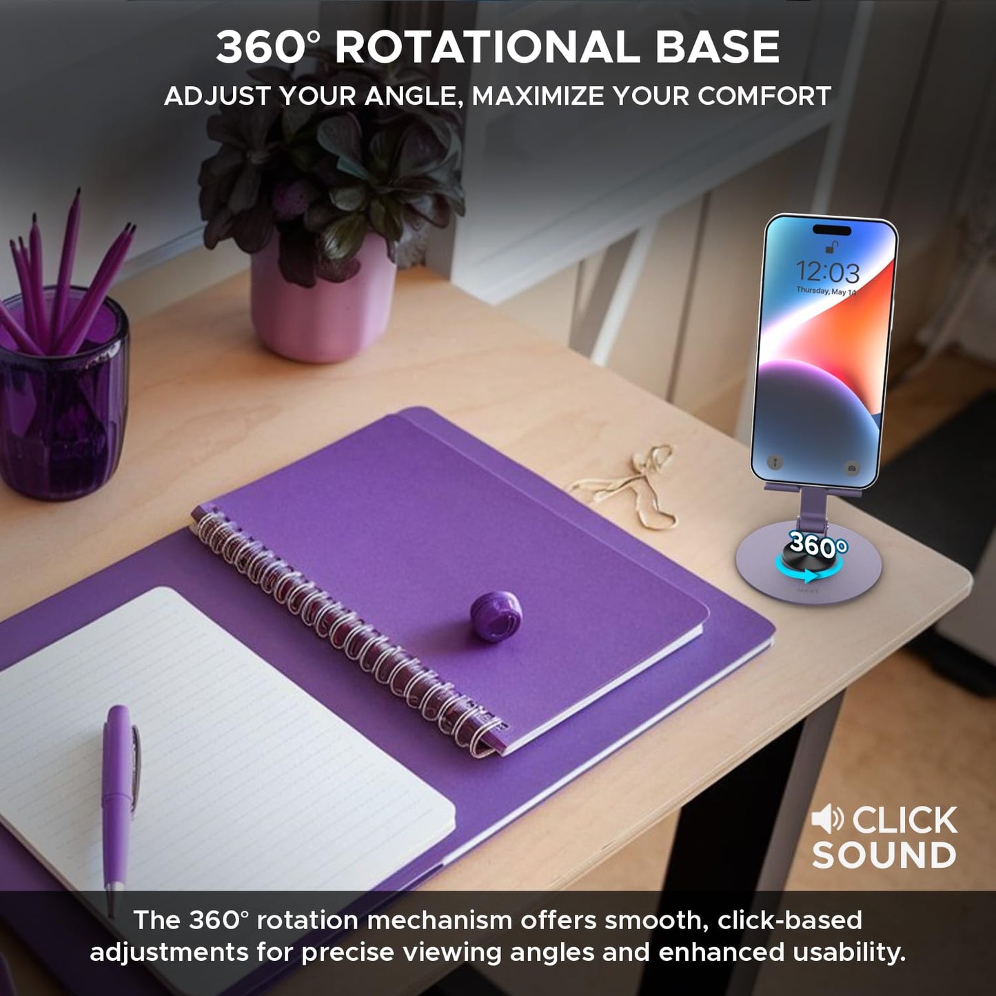 Amkette Ergo 360° Alloy Mobile Stand for Desk, Foldable Design with Stable Rotational Metallic Round Base - Itsmygadgets