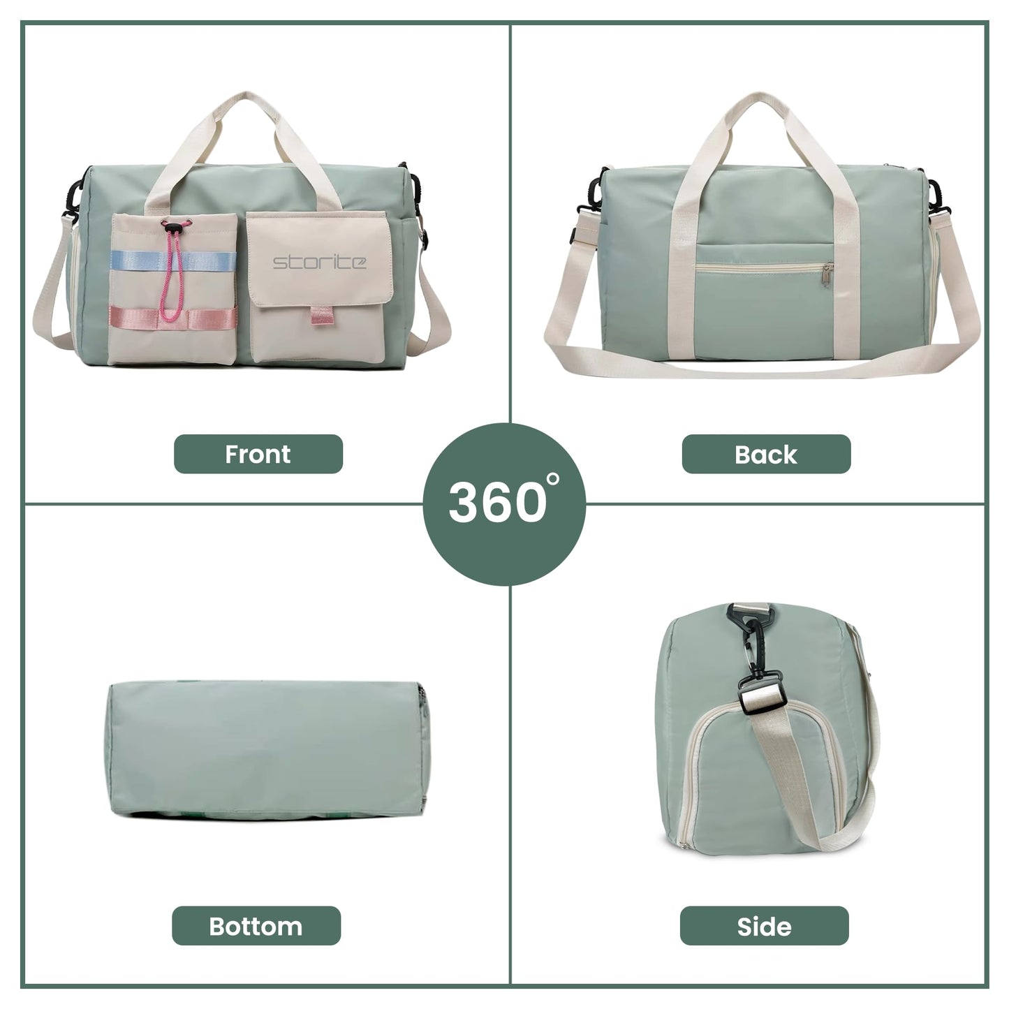 Storite Nylon 44 cms Imported Travel Duffle Bag Multi- Pocket Sports Shoulder Bag for Women with Wet Pocket & Shoe Compartment Weekender Overnight Travel Luggage Bag (Pista Green -44cmX31cmX17cm) - Itsmygadgets