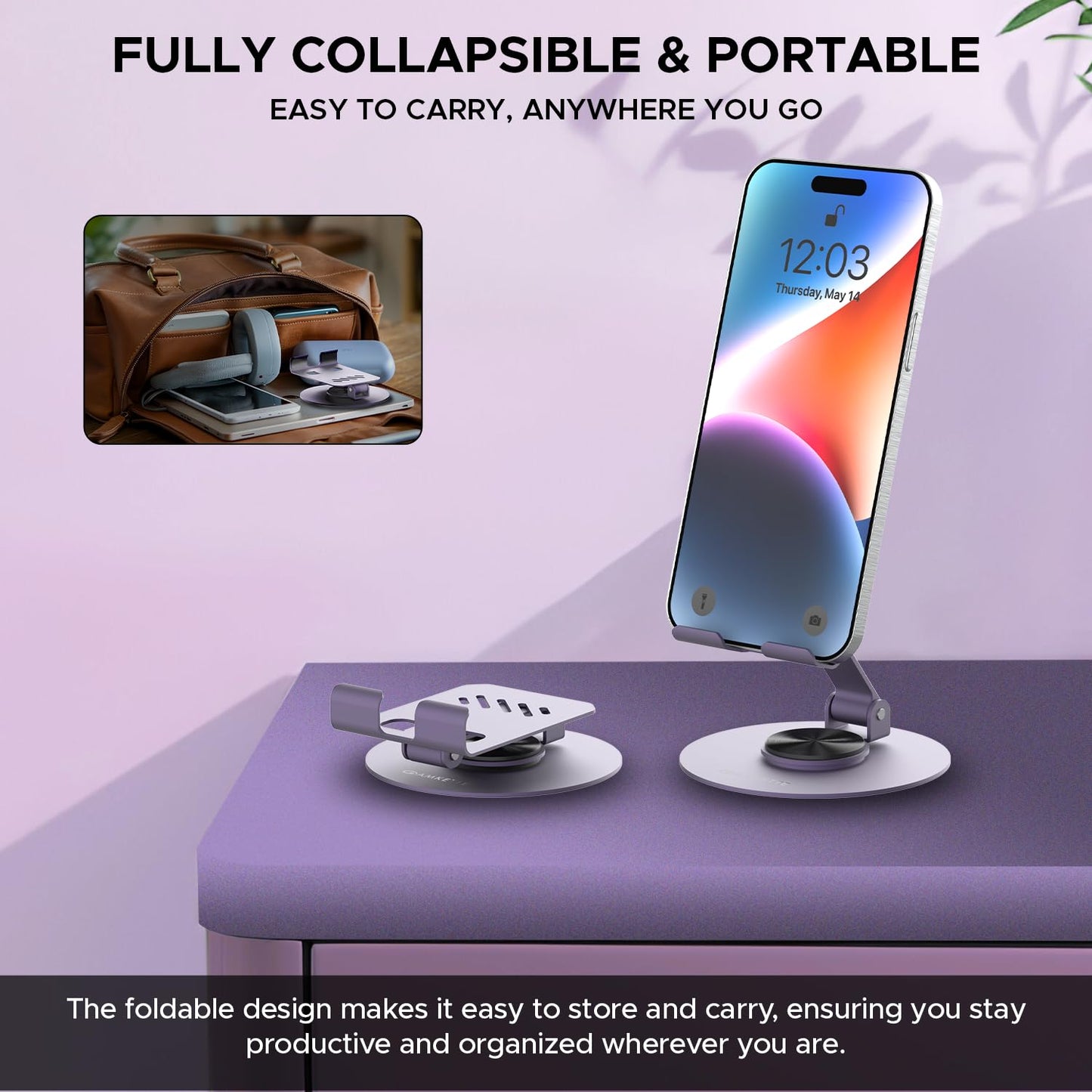 Amkette Ergo 360° Alloy Mobile Stand for Desk, Foldable Design with Stable Rotational Metallic Round Base - Itsmygadgets