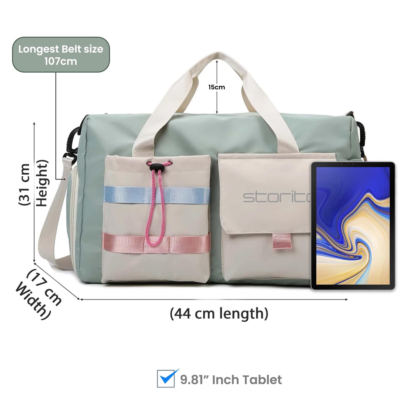 Storite Nylon 44 cms Imported Travel Duffle Bag Multi- Pocket Sports Shoulder Bag for Women with Wet Pocket & Shoe Compartment Weekender Overnight Travel Luggage Bag (Pista Green -44cmX31cmX17cm) - Itsmygadgets