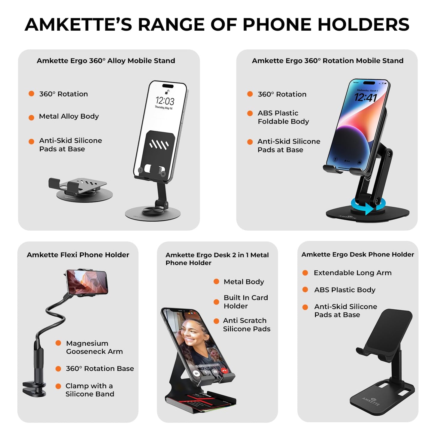 Amkette Ergo 360° Alloy Mobile Stand for Desk, Foldable Design with Stable Rotational Metallic Round Base - Itsmygadgets