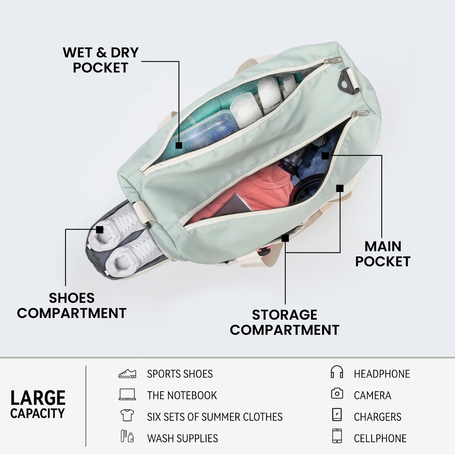 Storite Nylon 44 cms Imported Travel Duffle Bag Multi- Pocket Sports Shoulder Bag for Women with Wet Pocket & Shoe Compartment Weekender Overnight Travel Luggage Bag (Pista Green -44cmX31cmX17cm) - Itsmygadgets