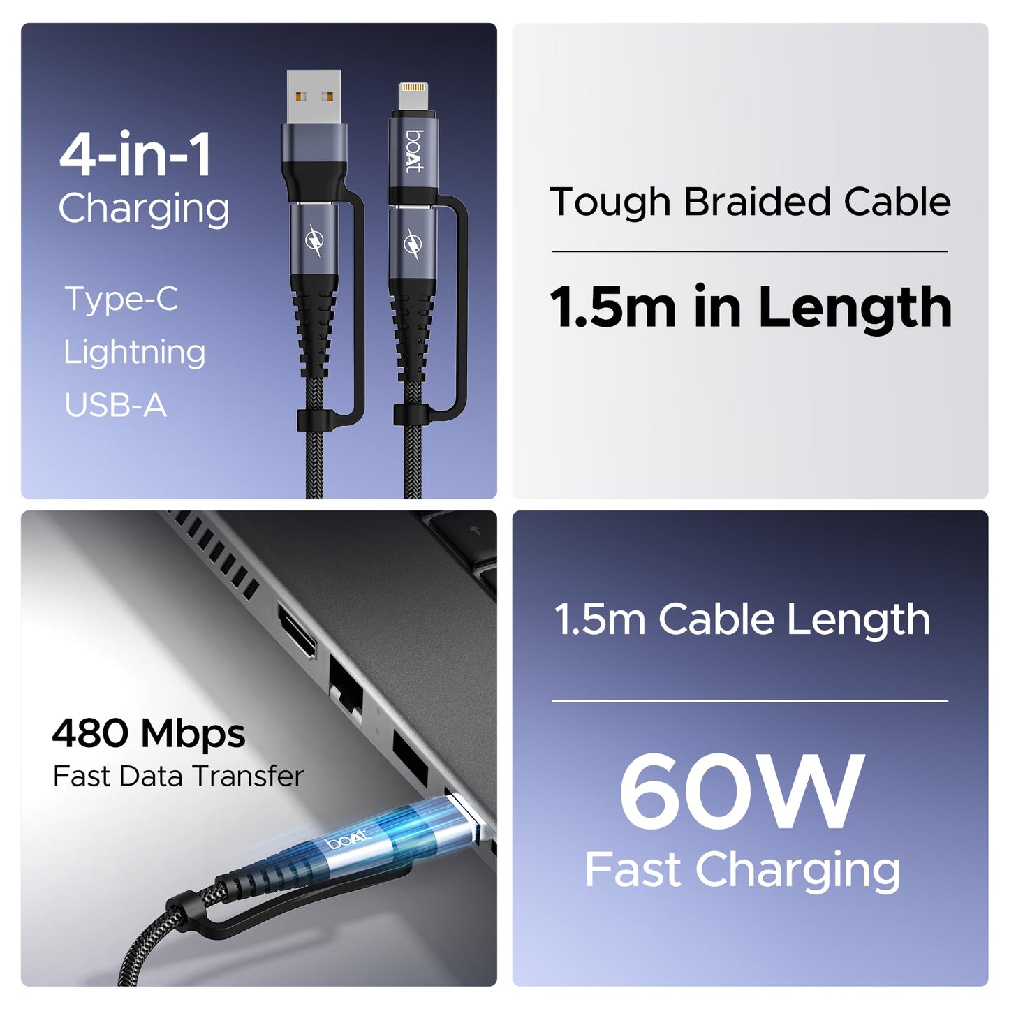 boAt FlexiCharge 400 Charging Cable w/ 4-in-1 Connectivity- USB-A, Type-C, & Lightning Ports - Itsmygadgets