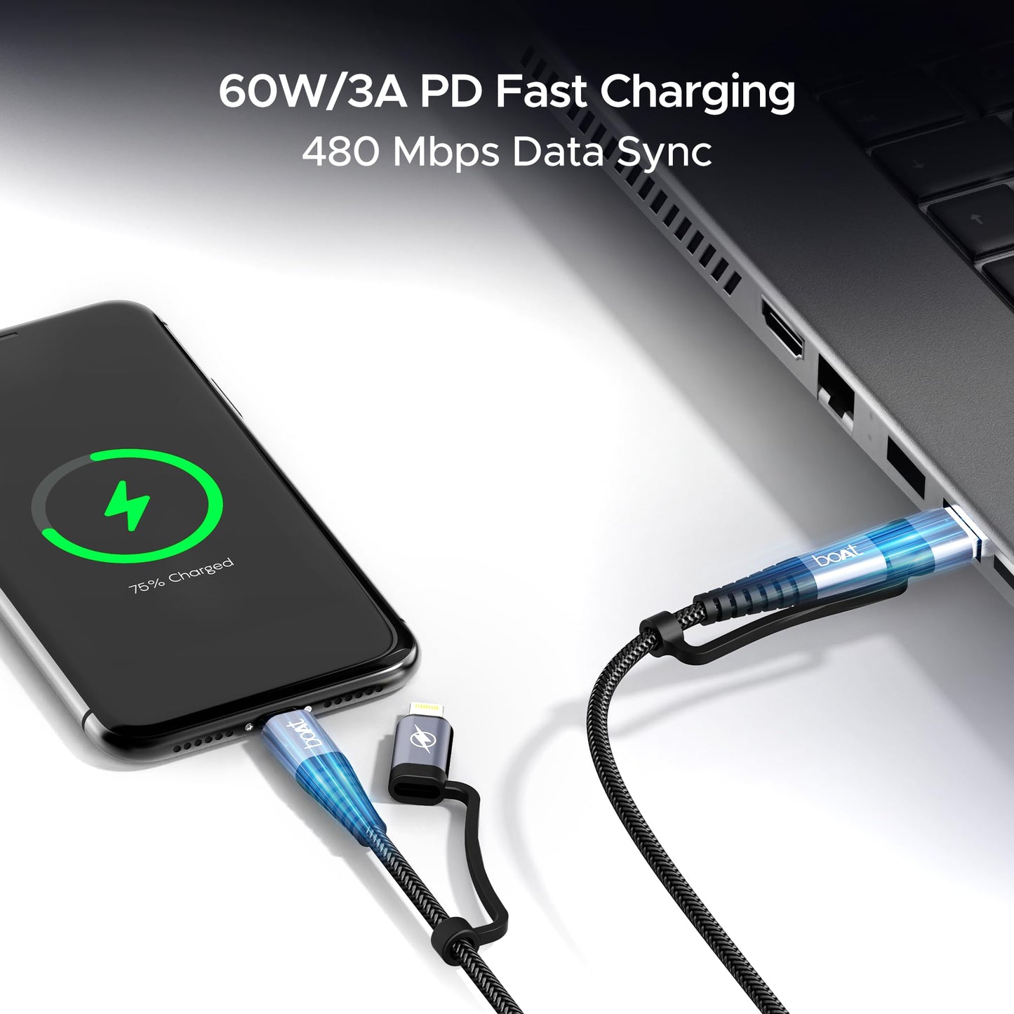 boAt FlexiCharge 400 Charging Cable w/ 4-in-1 Connectivity- USB-A, Type-C, & Lightning Ports - Itsmygadgets