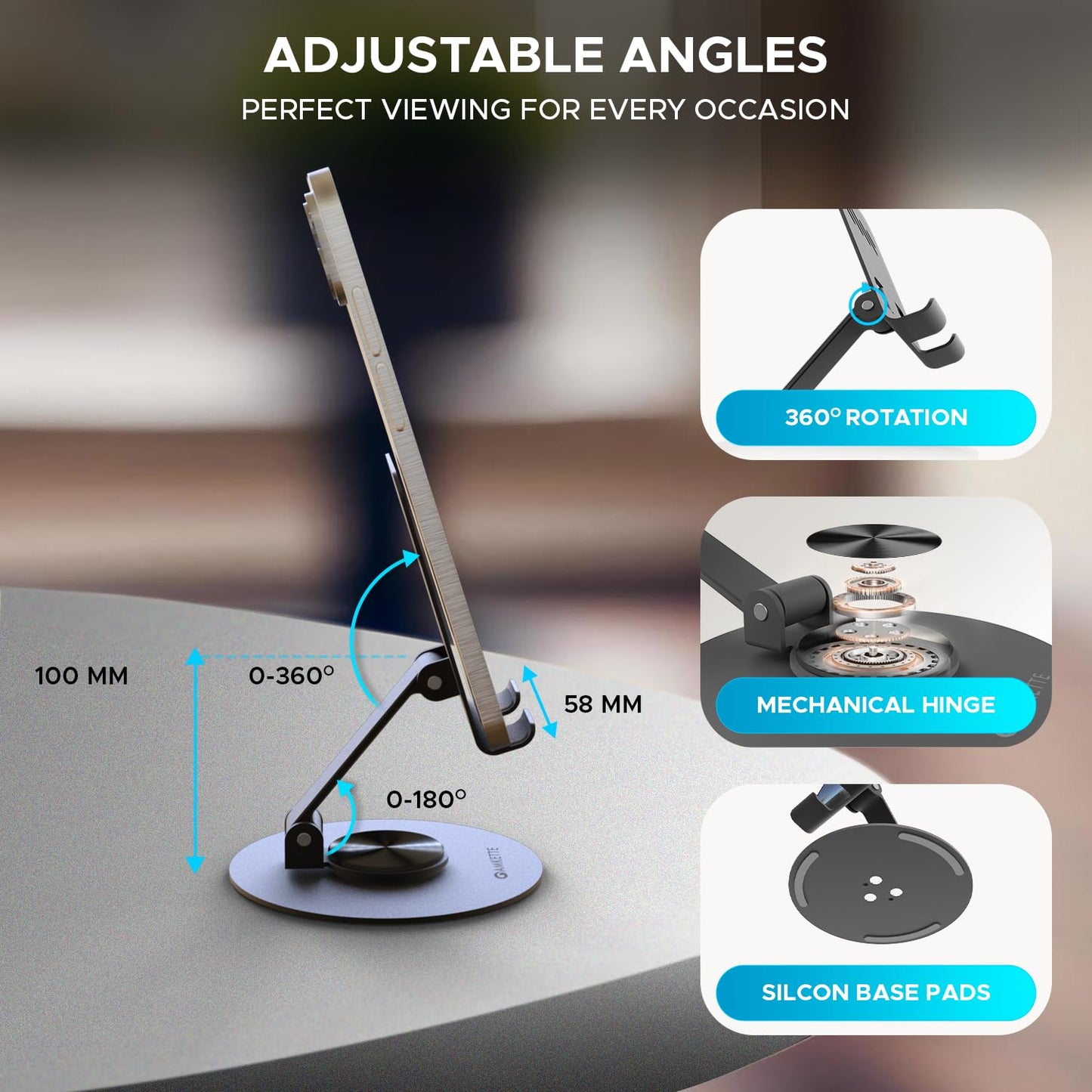 Amkette Ergo 360° Alloy Mobile Stand for Desk, Foldable Design with Stable Rotational Metallic Round Base - Itsmygadgets