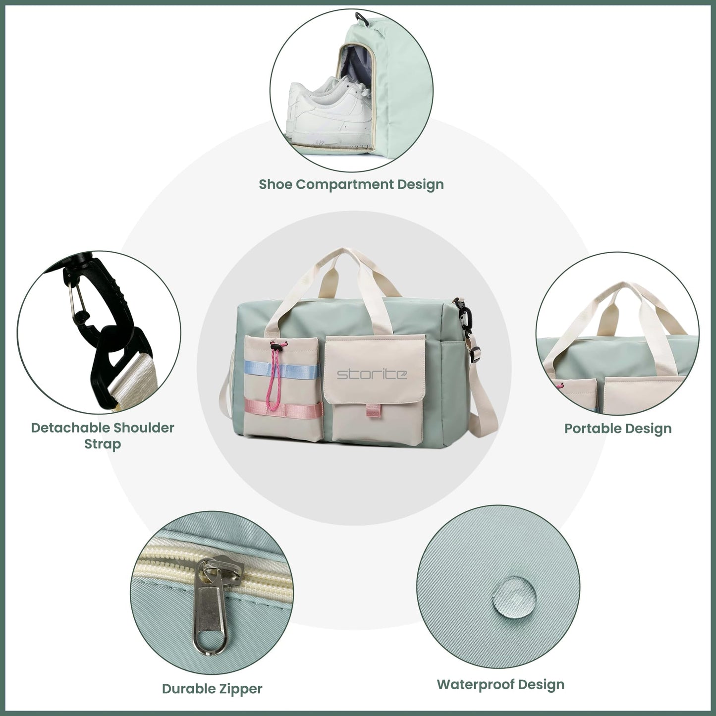 Storite Nylon 44 cms Imported Travel Duffle Bag Multi- Pocket Sports Shoulder Bag for Women with Wet Pocket & Shoe Compartment Weekender Overnight Travel Luggage Bag (Pista Green -44cmX31cmX17cm) - Itsmygadgets
