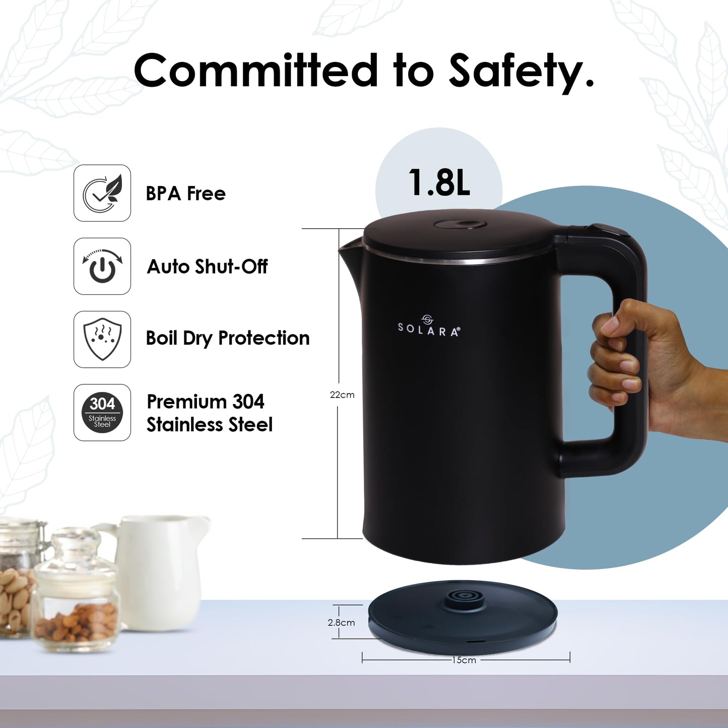 SOLARA Premium Electric Kettle Xtra Large, 1500 Watt, 1.8L Double Wall 100% Stainless Steel - Itsmygadgets