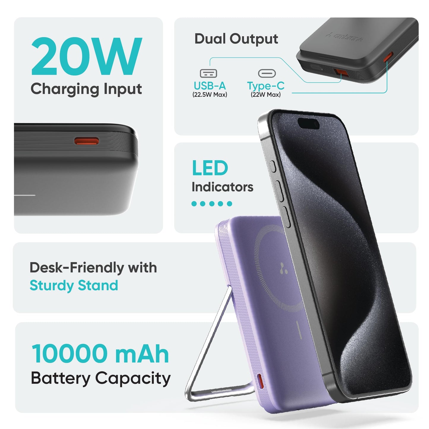Ambrane 10000mAh MagSafe Powerbank with Stand 22.5W Wired & 15W Wireless Fast Charging - Itsmygadgets