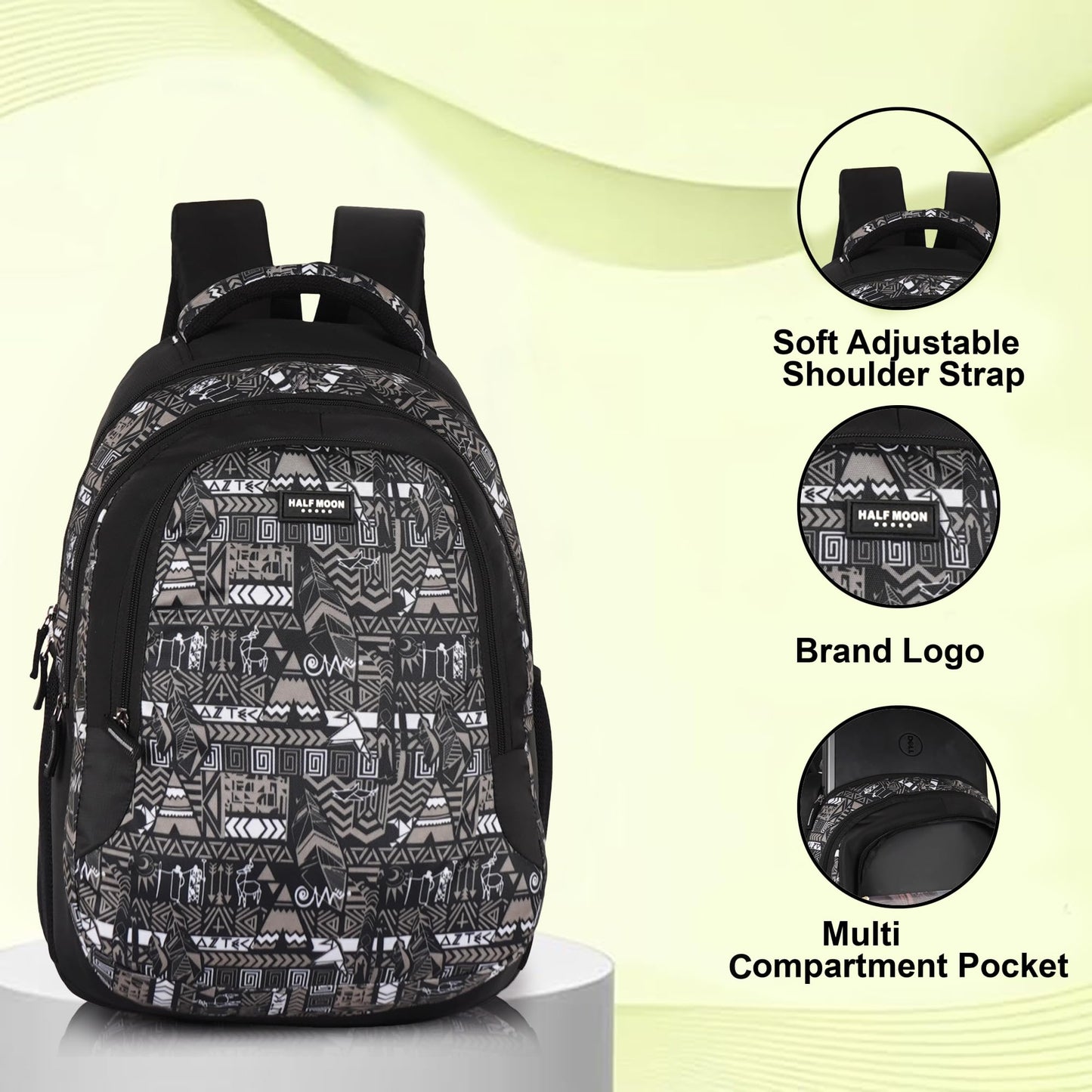 Half Moon Wild Class 5-12 School Bag for Boys Girls | Laptop Bagpack Backpack for Men Women | 3 Zips Stylish And Trendy College Bags for Students (Black and Grey) - Itsmygadgets