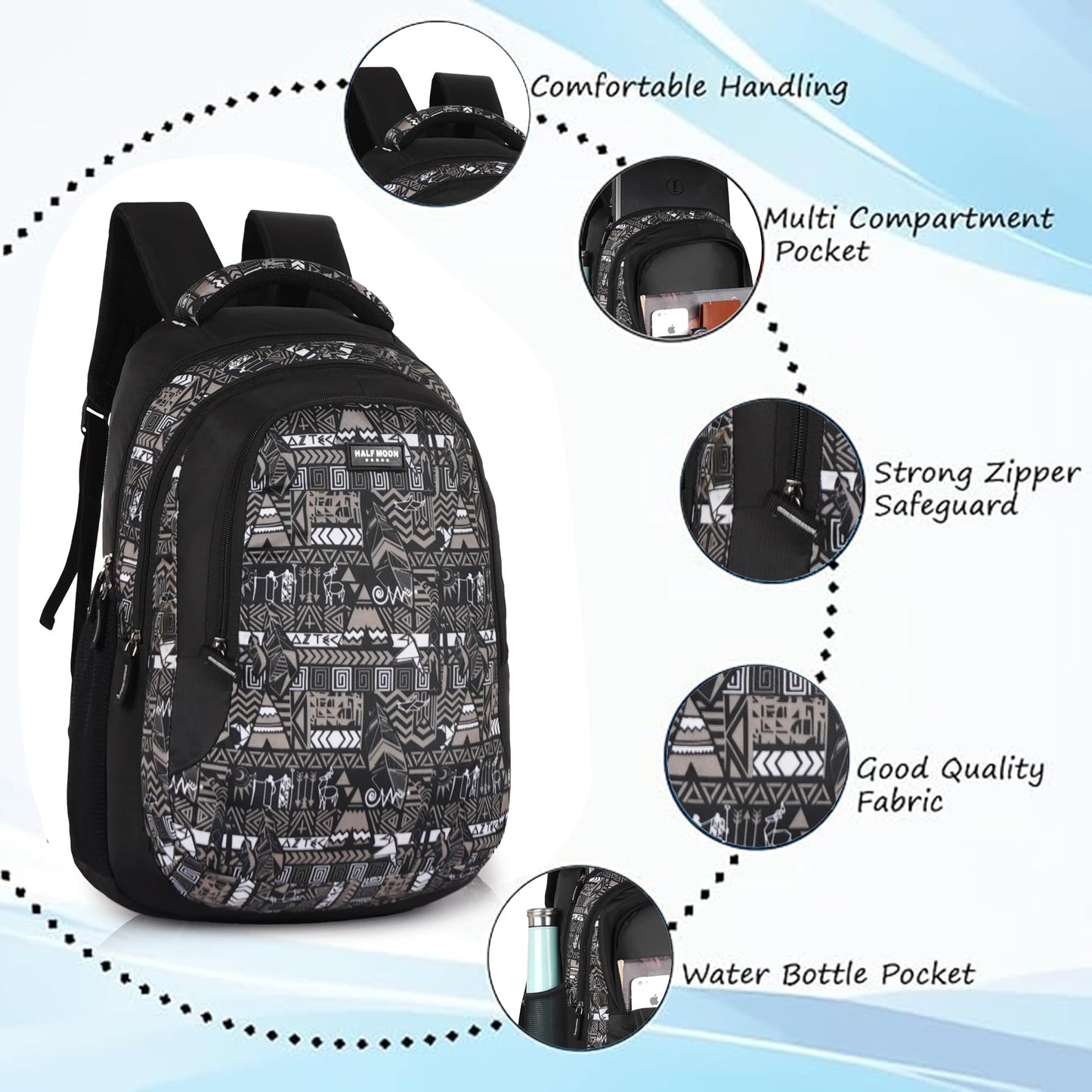 Half Moon Wild Class 5-12 School Bag for Boys Girls | Laptop Bagpack Backpack for Men Women | 3 Zips Stylish And Trendy College Bags for Students (Black and Grey) - Itsmygadgets