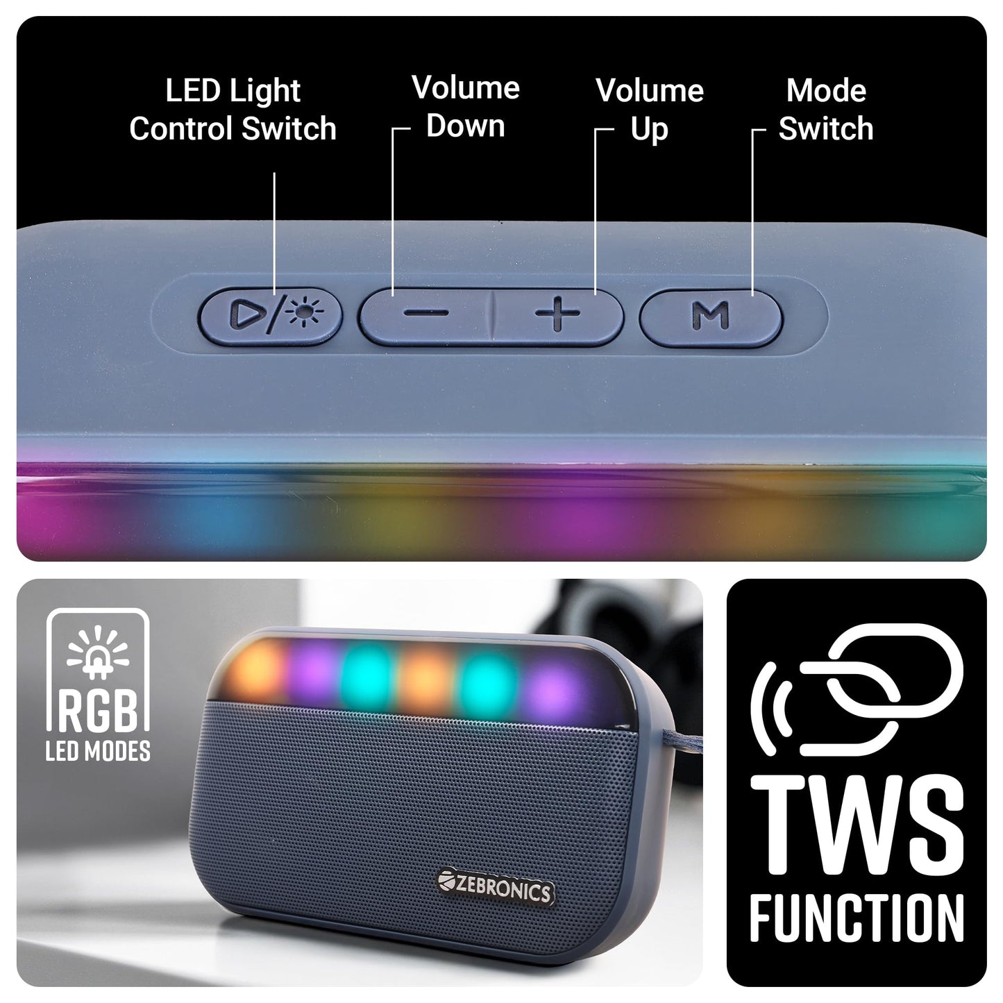 ZEBRONICS County 7 Portable Bluetooth Speaker, 8 Watts, Upto 8 Hours Playback, Passive Radiator, BTv5.3 | mSD | TWS | USB, RGB LED, Call Function, Carry Loop (Blue) - Itsmygadgets