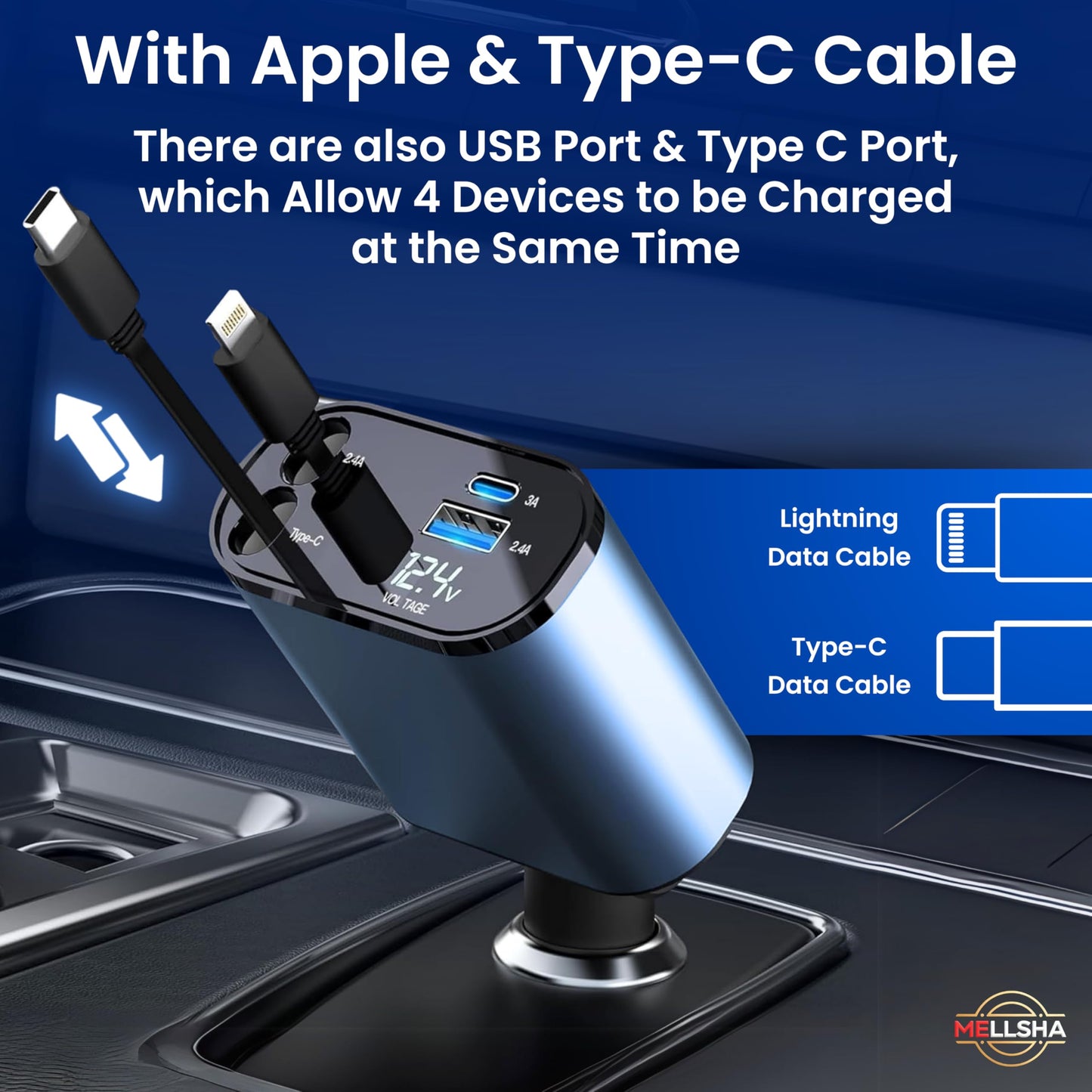MELLSHA Retractable Car Charger, 100W 4-in-1 Super Fast Charge Car Mobile Charger - Itsmygadgets