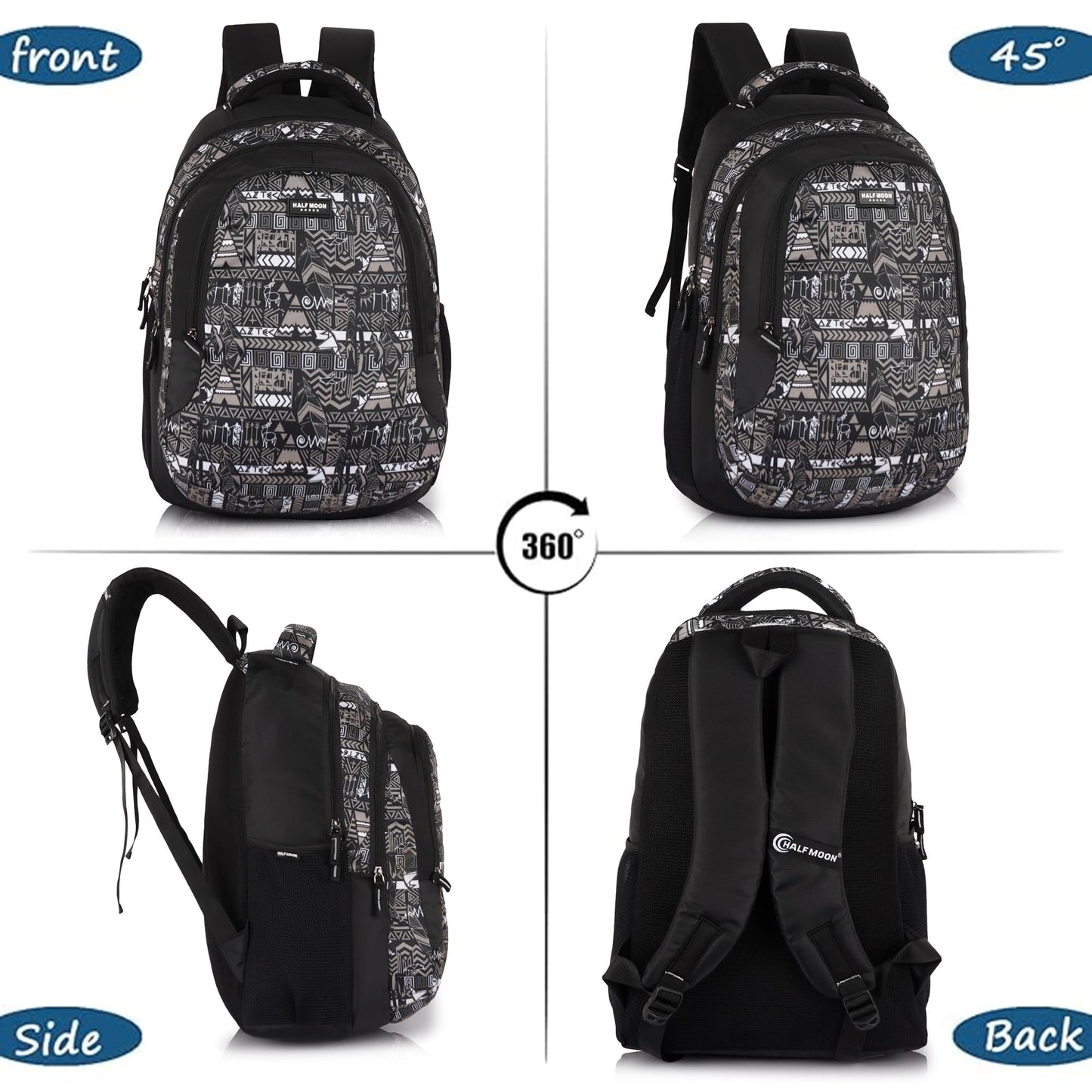 Half Moon Wild Class 5-12 School Bag for Boys Girls | Laptop Bagpack Backpack for Men Women | 3 Zips Stylish And Trendy College Bags for Students (Black and Grey) - Itsmygadgets