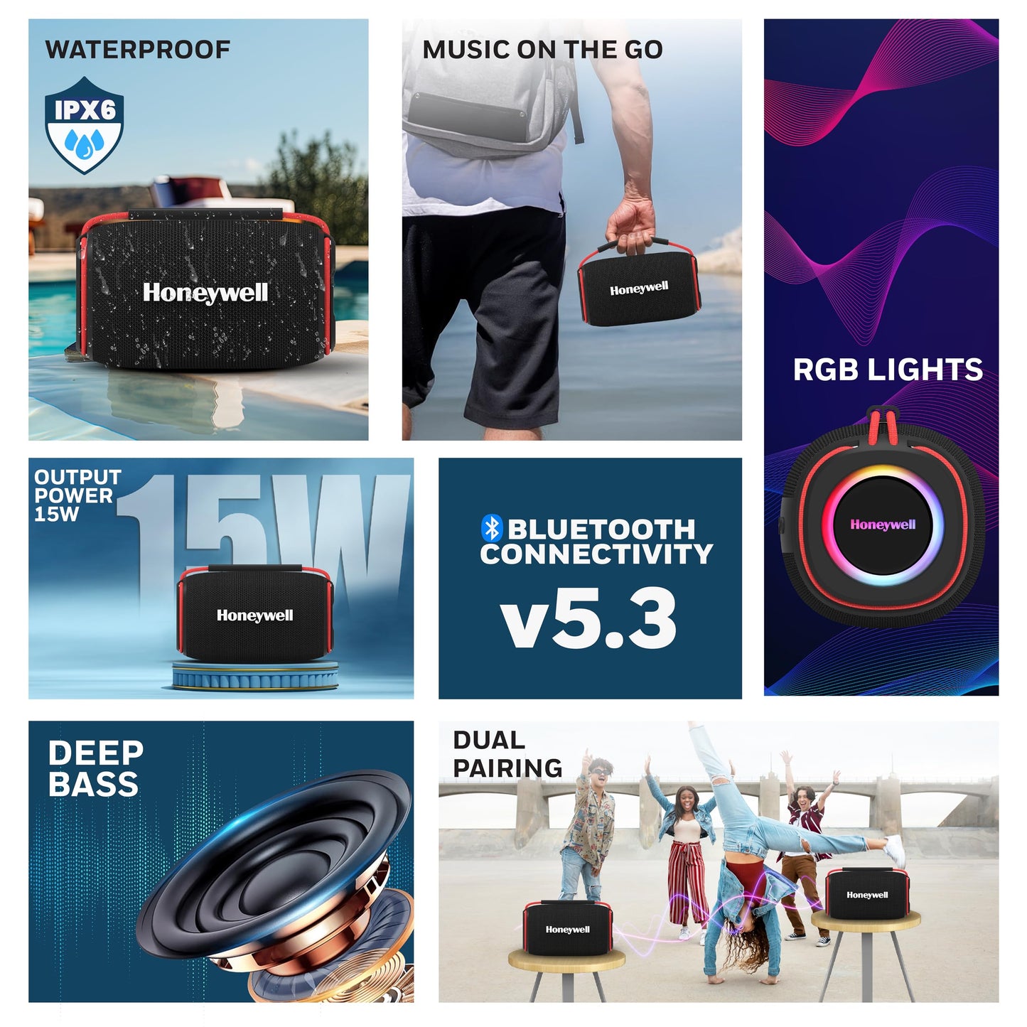 Honeywell Newly Launched Suono P400 15W 5.3 Bluetooth Speaker,Deep Bass Radiators,10H Playtime,IPX 6,TWS Feature,RGB Lights,SD Card,AUX,Type-C Port,Built-In Mic,78mm Drivers,2Yrs Manufacturer Warranty - Itsmygadgets