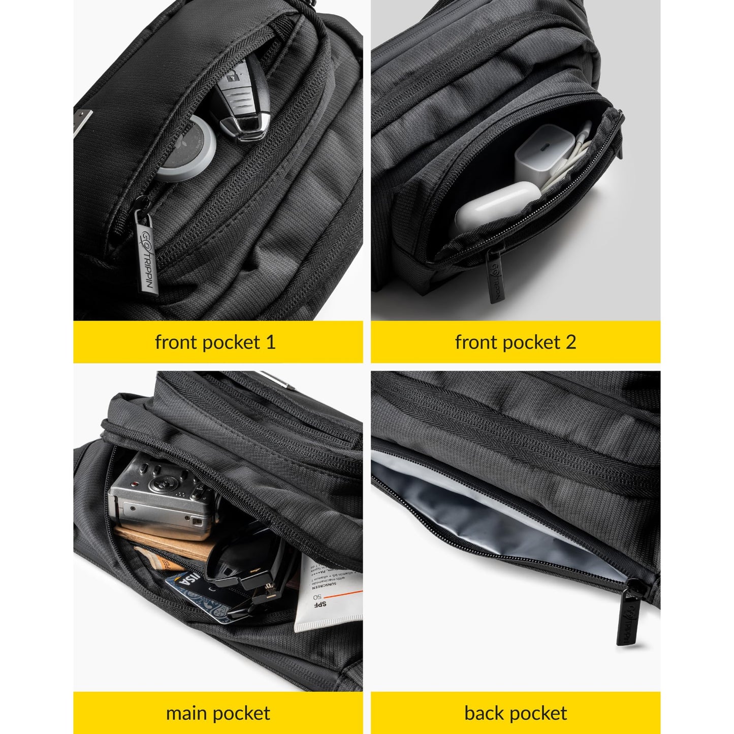 GoTrippin by Destinio Waist Bags for Men Women- Premium Stitching, Branded Zippers, Waterproof Pocket, RFID Safe- Large Fanny Pack for Hiking Travel, Money Belt (Polyester, Black) - Itsmygadgets