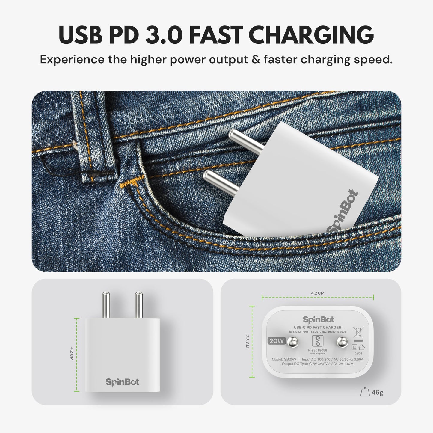 SpinBot 20W Type-C Mobile Charger for Android, iPhone 16/16 Plus/16 Pro/16 Pro Max - Itsmygadgets