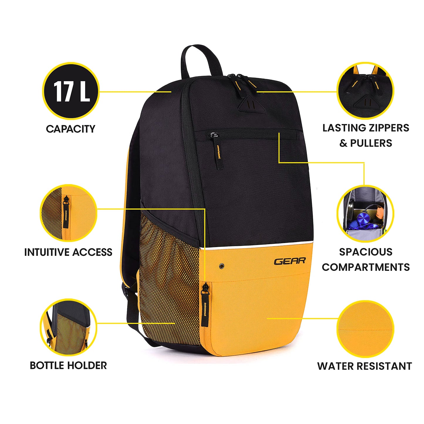 Gear SUPERIOR XL 17L Samll Water Resistant School Bag/Casual 4 Compartment Backpack/College Bag/Sports Bag with Shoe Compartment for Men/Women (Black-Yellow) - Itsmygadgets