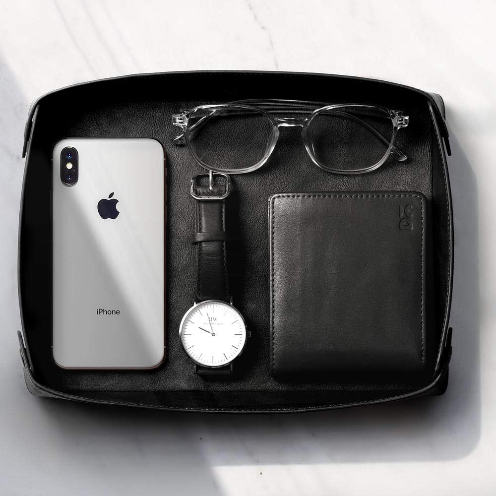 DailyObjects Valet Vegan Leather Tray|Desk Tray Organiser|Organiser For office, Home, Living Room|Button Opening|Water Resistent - Black, Rectangular - Itsmygadgets