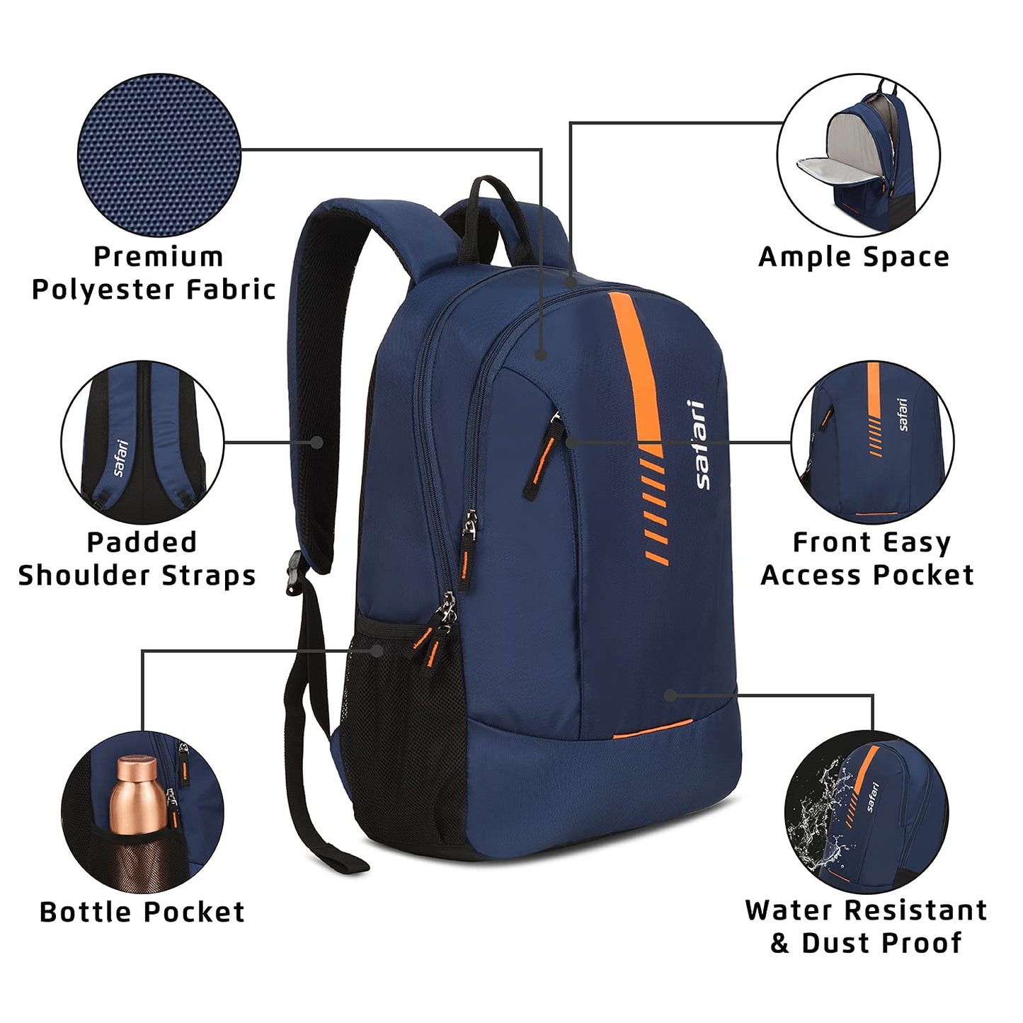 Safari Flash Medium 26L Water Resistant Polyester Casual 4 Compartment Backpack- Blue - Itsmygadgets