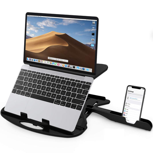 STRIFF Adjustable Laptop Tabletop Stand Patented Riser Ventilated Portable Foldable Compatible with MacBook Notebook Tablet Tray Desk Table Book with Free Phone Stand (Black) - Itsmygadgets