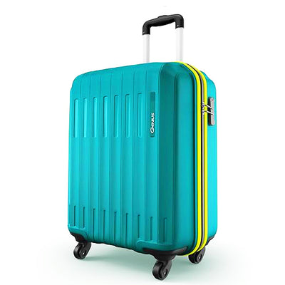 Turquoise suitcase with a yellow stripe on a white background