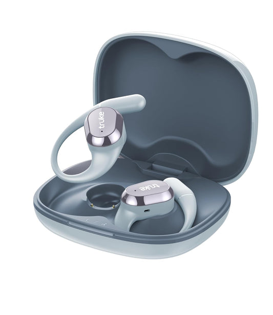 truke Buds Liberty Open-Ear Earbuds in Slate Blue feature 360Spatial™ Audio, 16mm beryllium speakers, 60H playtime, quad-mic clear calls, fast charging, and Bluetooth 5.4. - Itsmygadgets