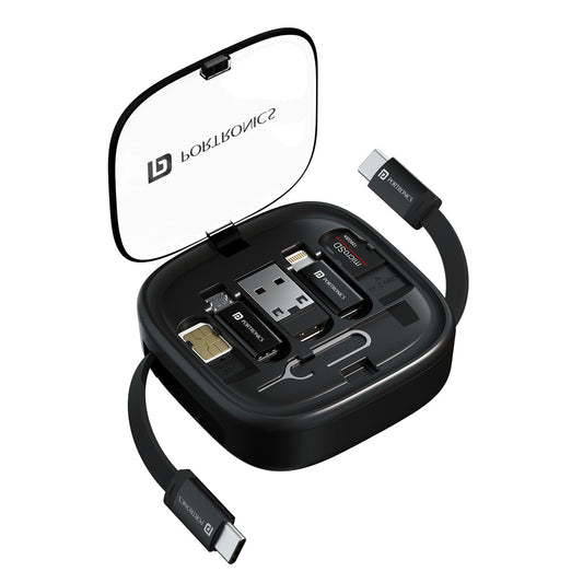 Portronics Snapcase 2 60W Multifunctional Fast Charging Data Cable Kit With Retractable Cable, Conversion Set USB A & Type C to Male Micro/Lightning,Sim Storage,Sim Eject Pin - Itsmygadgets