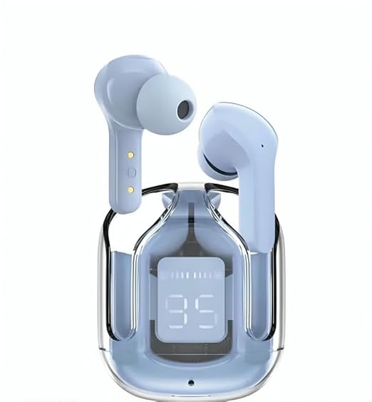 Blue wireless earbuds with charging case on a white background