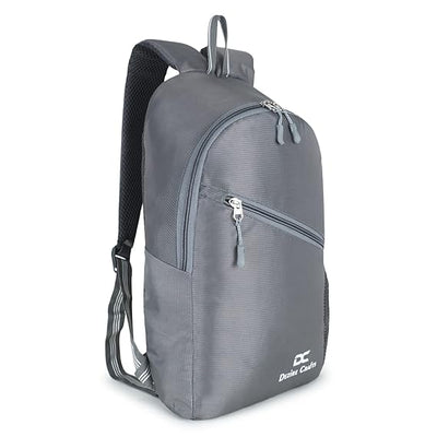 Gray backpack with visible brand logo on a white background