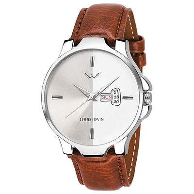 Watch with brown leather strap and silver case on white background