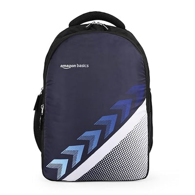 Navy blue backpack with blue and white design on a white background
