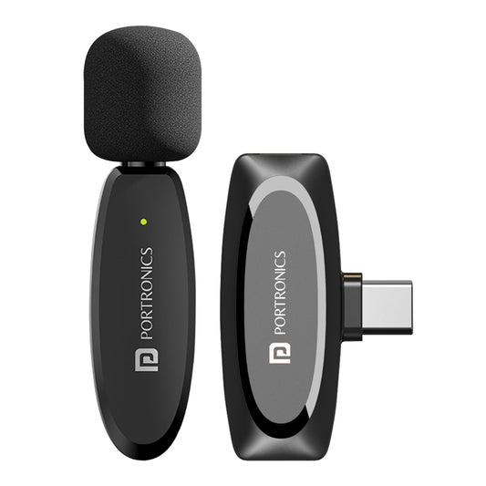 Two Portronics devices, one with a microphone and the other with a USB connector, on a white background.