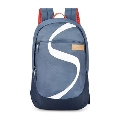 Blue backpack with a white logo on a white background