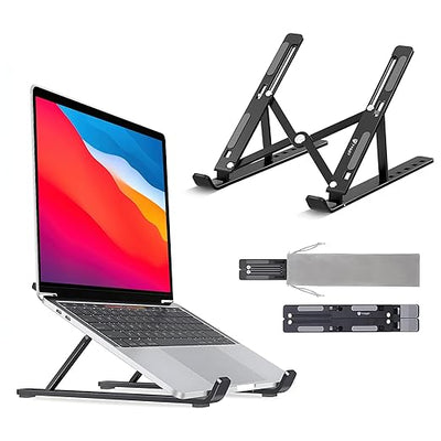 Laptop stand with adjustable legs, laptop on stand, and additional metal brackets on a white background