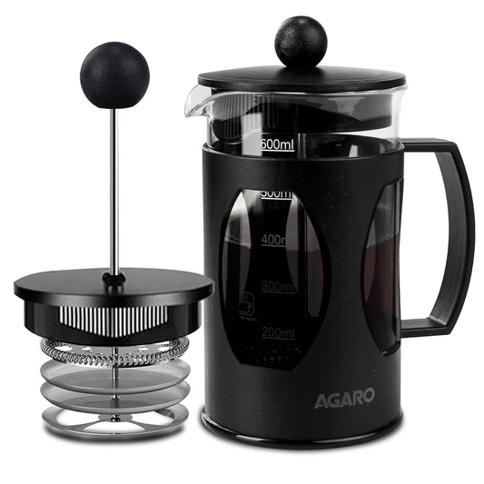 AGARO Elite French Press Coffee And Tea Maker, Borosilicate Glass Body With Sleeves, Glass Carafe, BPA Free Plastic Lid Strainer, 600Ml - Itsmygadgets