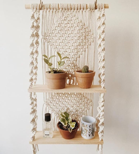 ALFA CRAFY Macrame Wall Hanging Plant Shelf – 2-Tier Boho Floating Cream - Itsmygadgets
