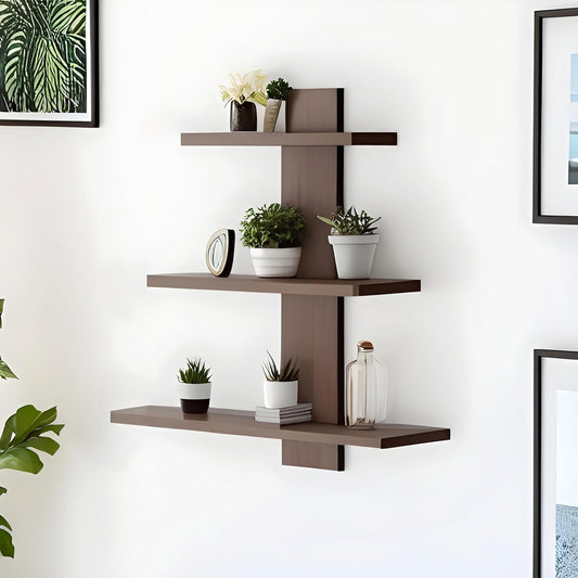 Wall-mounted shelf with decorative items against a white wall