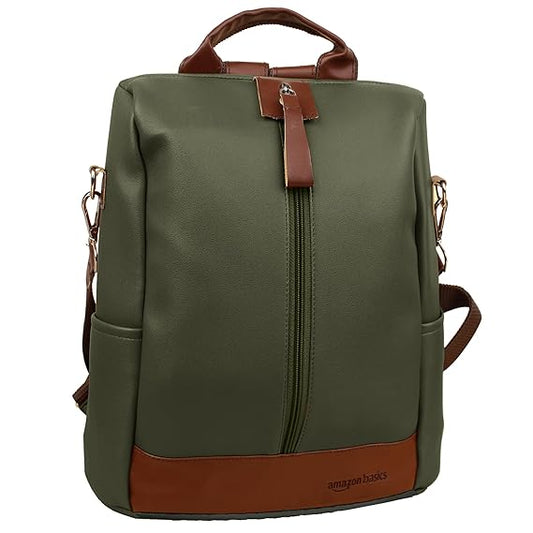 amazon basics Women Convertible PU Leather 2 Compartment Backpack | Water-Resistant Fits 13" Laptop | Anti-Theft Pockets | Crossbody, Shoulder, Tote | Ideal for Office, College, Travel & Gifts (Green) - Itsmygadgets