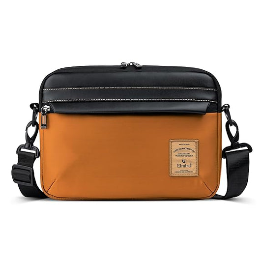 Brown and black crossbody bag with visible brand logo on a white background