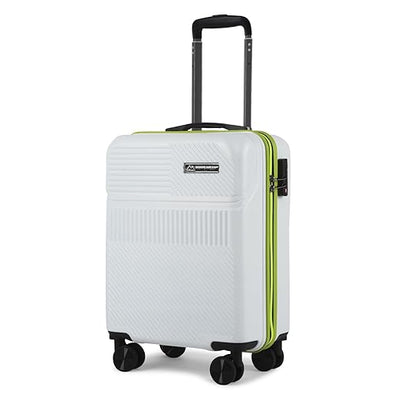 White suitcase with green accents and a visible brand logo on a white background