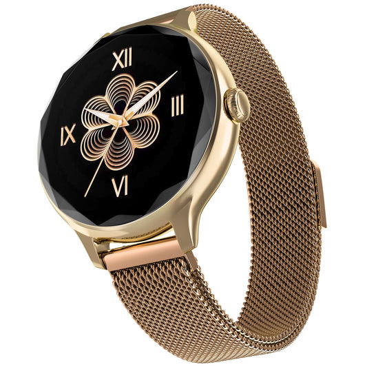Noise Diva Smartwatch with Diamond Cut dial, Glossy Metallic Finish, AMOLED Display, Mesh Metal and Leather Strap Options, 100+ Watch Faces, Female Cycle Tracker Smart Watch for Women (Gold Link) - Itsmygadgets