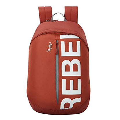 Red backpack with 'REBEL' printed on it against a white background