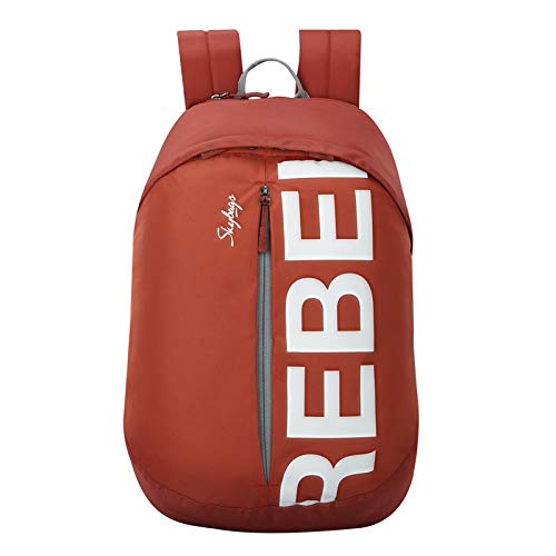 Red backpack with 'REBEL' printed on it against a white background
