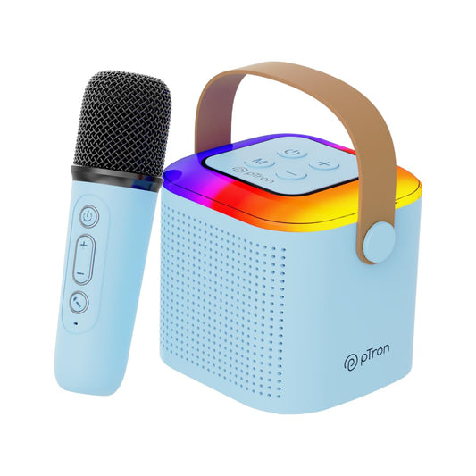 pTron Newly Launched Fusion Tunes 10W Mini Bluetooth Speaker with Wireless Karaoke Mic, 8Hrs Playtime, Vivid RGB Lights, Voice Effects, Multi-Play Modes BT5.1/TF Card & Type-C Charging Port (Blue) - Itsmygadgets