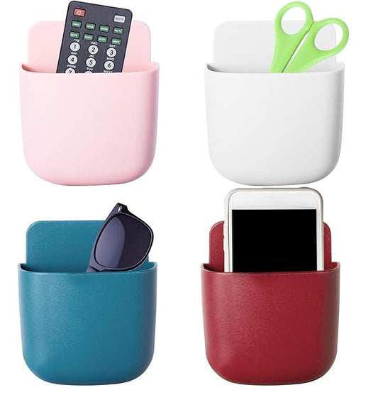 Four colorful containers holding various items on a white background