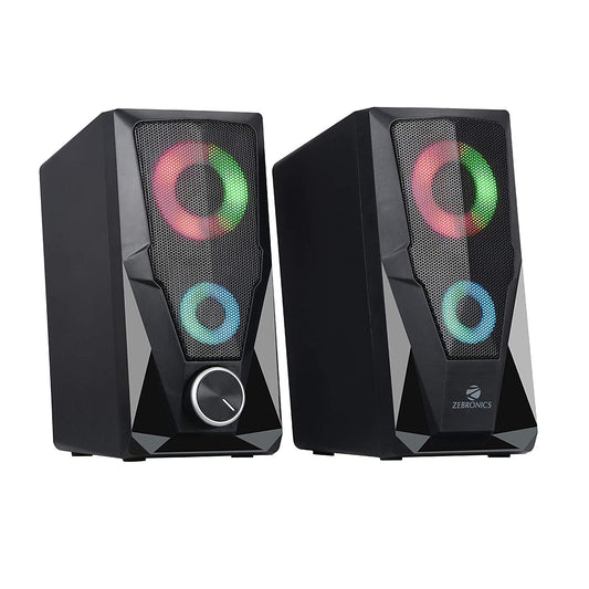 Pair of black computer speakers with RGB lighting on a white background