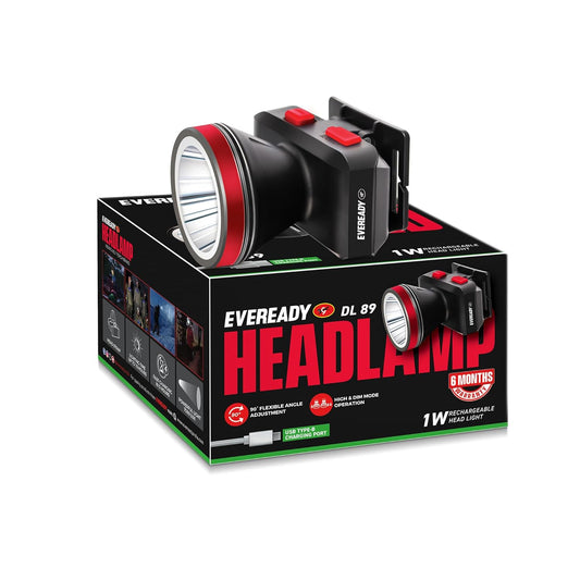Eveready Headlamp DL89, Rechargeable 1W Emergency Head Light Torch, 90° Tilt, Easy to Mount (Can Be Worn Without A Helmet), Type-B/Micro-USB Fast Charging, Powered by Li-Ion Battery - Itsmygadgets